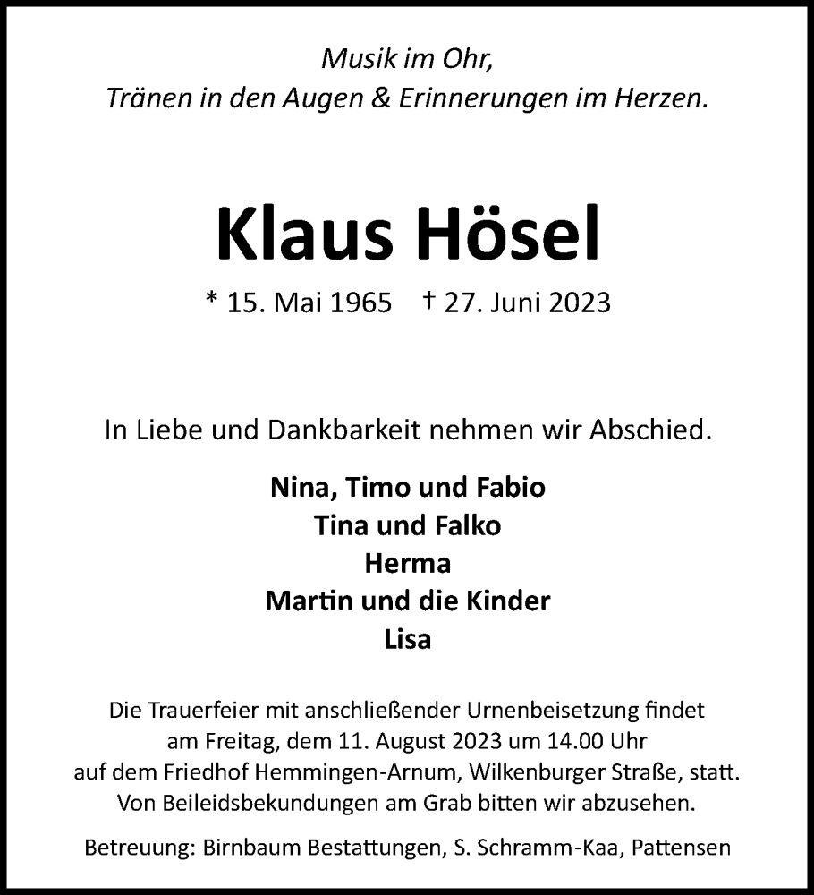  Traueranzeige für Klaus Hösel vom 15.07.2023 aus Hannoversche Allgemeine Zeitung/Neue Presse
