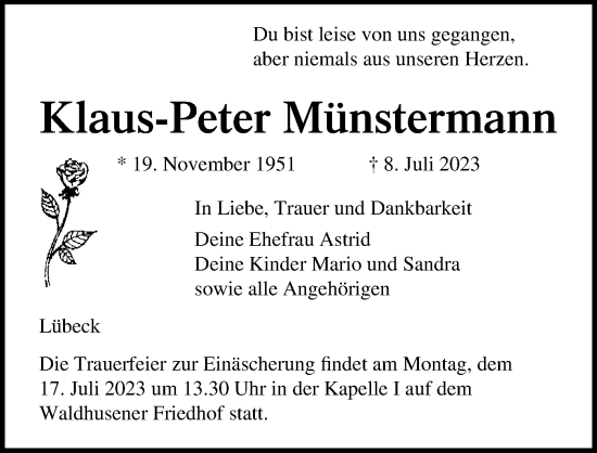 Traueranzeige von Klaus-Peter Münstermann von Lübecker Nachrichten