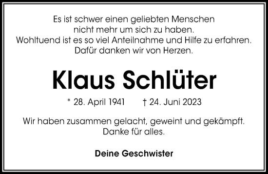 Traueranzeige von Klaus Schlüter von Kieler Nachrichten