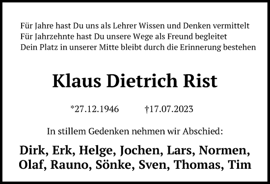 Traueranzeige von Klaus Dietrich Rist von Kieler Nachrichten
