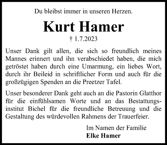 Traueranzeige von Kurt Hamer von Kieler Nachrichten