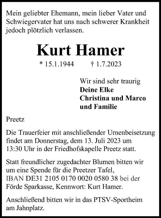 Traueranzeige von Kurt Hamer von Kieler Nachrichten