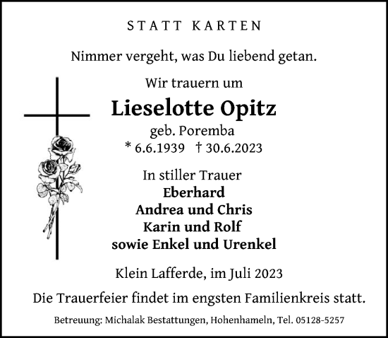 Traueranzeige von Lieselotte Opitz von Peiner Allgemeine Zeitung