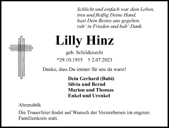 Traueranzeige von Lilly Hinz von Lübecker Nachrichten