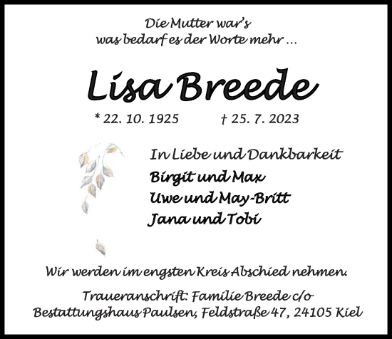 Traueranzeige von Lisa Breede von Kieler Nachrichten