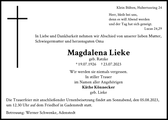 Traueranzeige von Magdalena Lieke von Peiner Allgemeine Zeitung