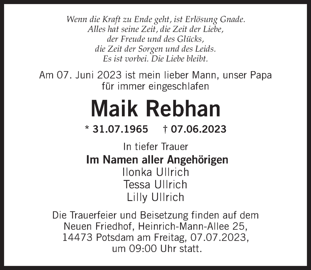  Traueranzeige für Maik Rebhan vom 01.07.2023 aus Märkischen Allgemeine Zeitung