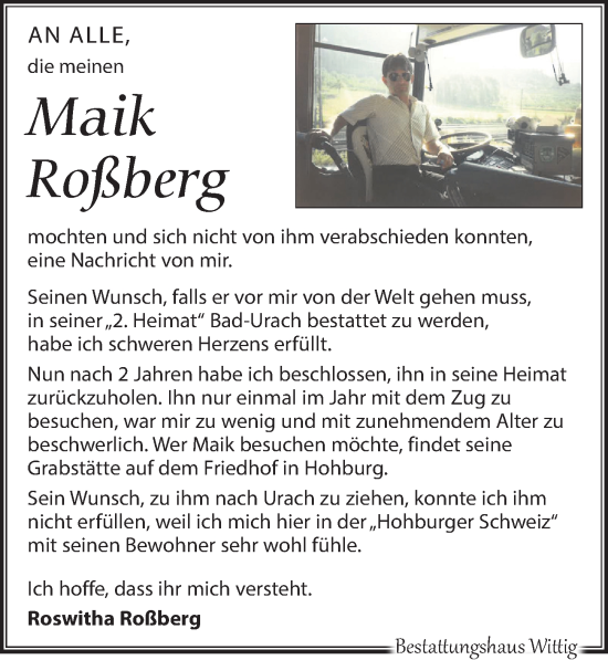 Traueranzeige von Maik Roßberg von Leipziger Volkszeitung