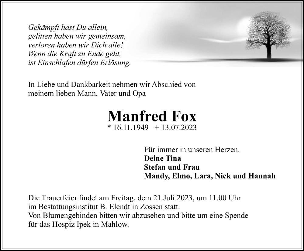  Traueranzeige für Manfred Fox vom 18.07.2023 aus Märkischen Allgemeine Zeitung