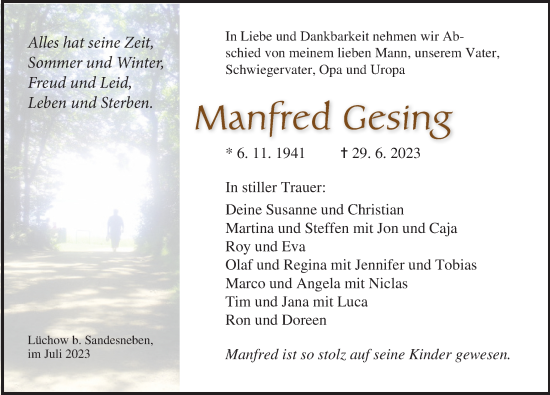 Traueranzeige von Manfred Gesing von Lübecker Nachrichten