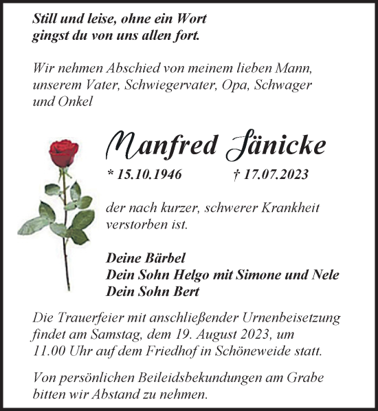 Traueranzeige von Manfred Jänicke von Märkischen Allgemeine Zeitung