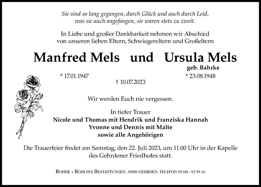  Traueranzeige für Manfred Mels vom 15.07.2023 aus Hannoversche Allgemeine Zeitung/Neue Presse