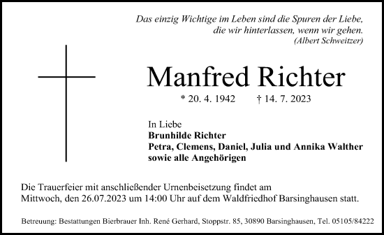 Traueranzeige von Manfred Richter von Hannoversche Allgemeine Zeitung/Neue Presse