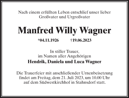Traueranzeige von Manfred Willy Wagner von Märkischen Allgemeine Zeitung