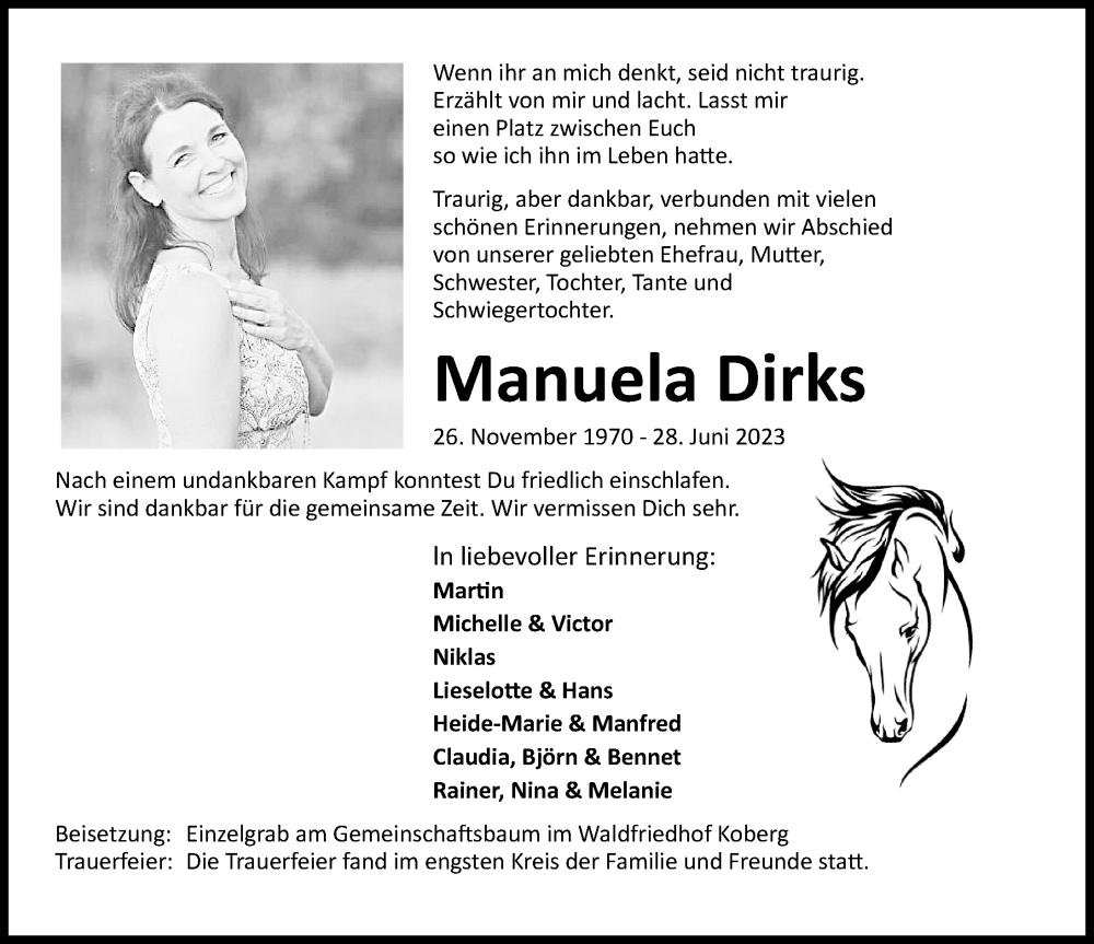  Traueranzeige für Manuela Dirks vom 15.07.2023 aus Lübecker Nachrichten