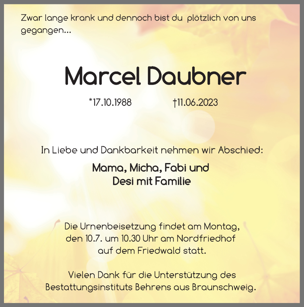  Traueranzeige für Marcel Daubner vom 08.07.2023 aus Aller Zeitung