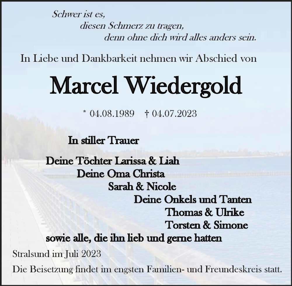  Traueranzeige für Marcel Wiedergold vom 15.07.2023 aus Ostsee-Zeitung GmbH