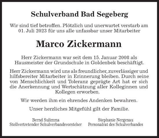 Traueranzeige von Marco Zickermann von Kieler Nachrichten