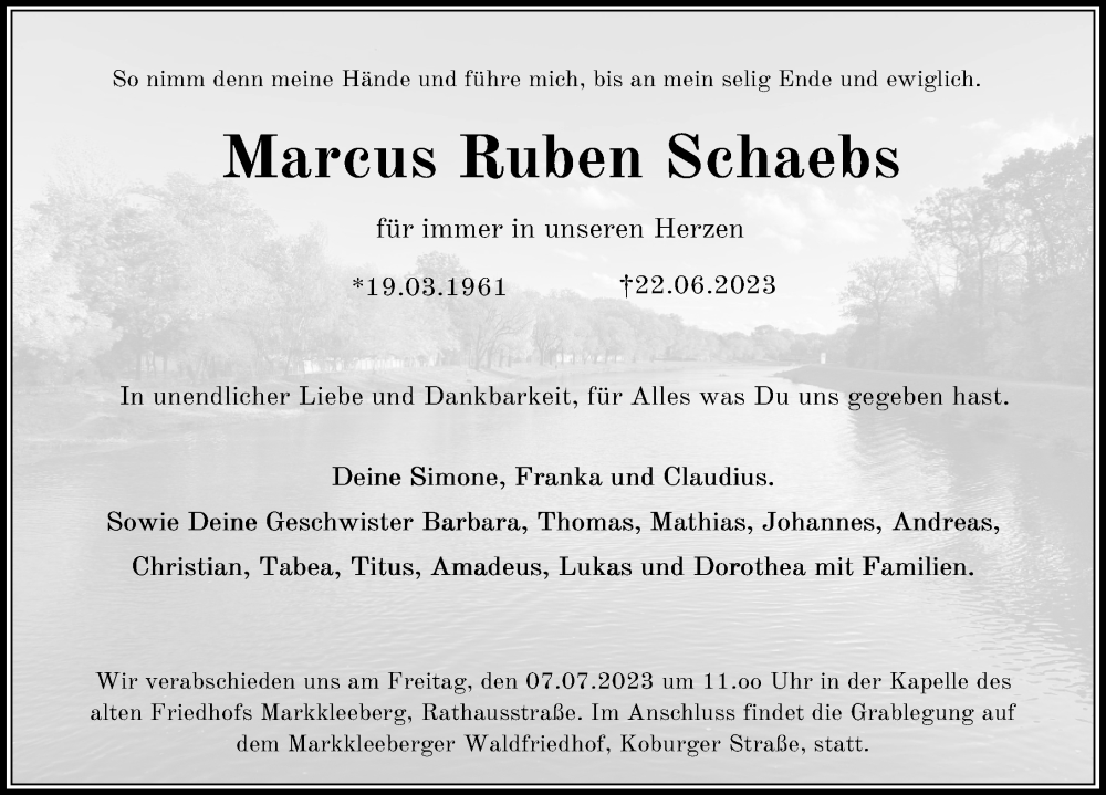  Traueranzeige für Marcus Ruben Schaebs vom 01.07.2023 aus Leipziger Volkszeitung