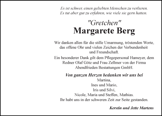 Traueranzeige von Margarete Berg von Ostsee-Zeitung GmbH
