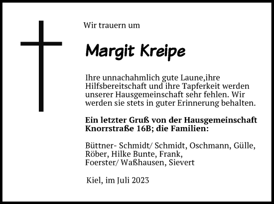 Traueranzeige von Margit Kreipe von Kieler Nachrichten