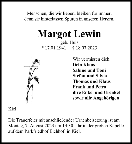 Traueranzeige von Margot Lewin von Kieler Nachrichten