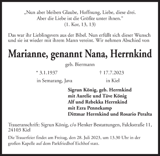 Traueranzeige von Marianne Herrnkind von Kieler Nachrichten