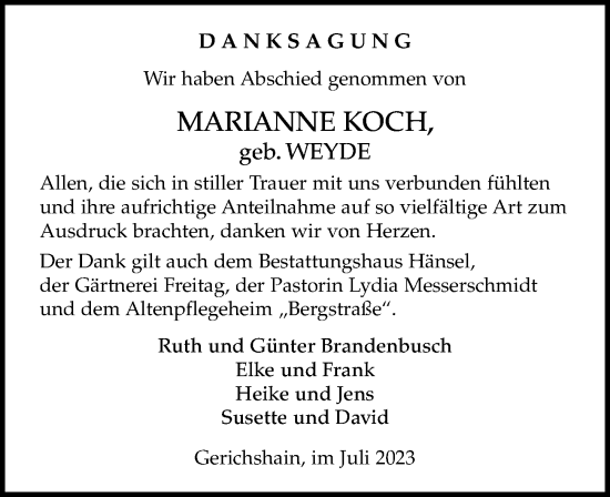 Traueranzeige von Marianne Koch von Leipziger Volkszeitung