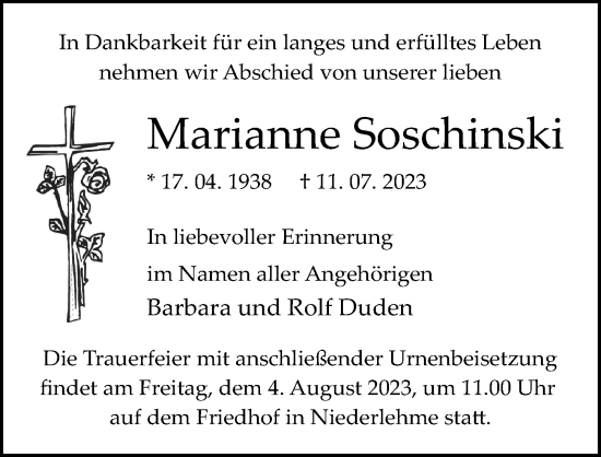 Traueranzeige von Marianne Soschinski von Märkischen Allgemeine Zeitung