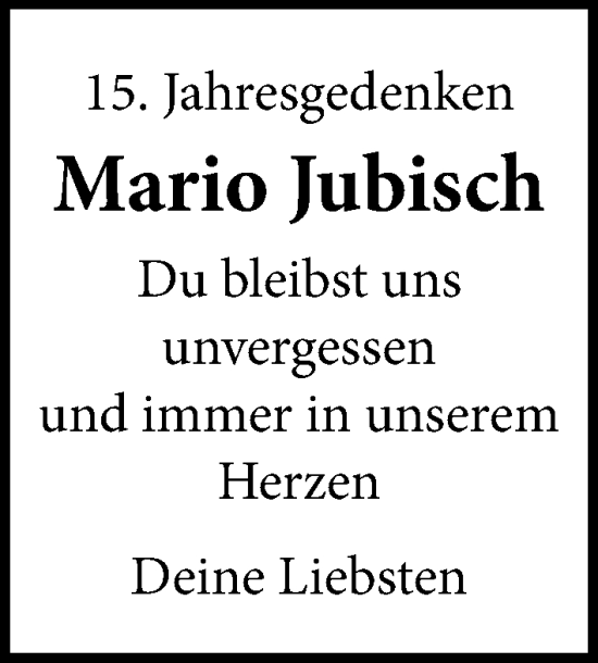 Traueranzeige von Mario Jubisch von Leipziger Volkszeitung