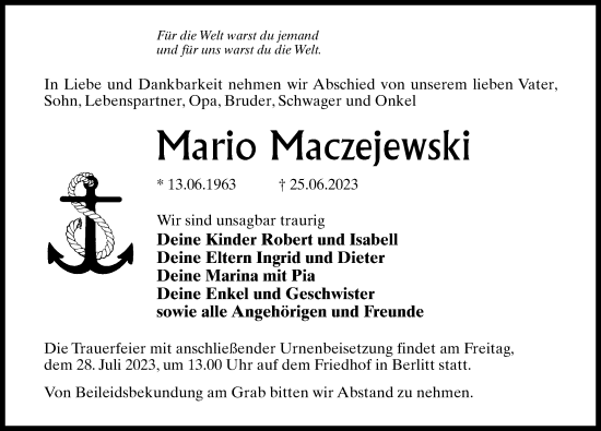 Traueranzeige von Mario Maczejewski von Märkischen Allgemeine Zeitung