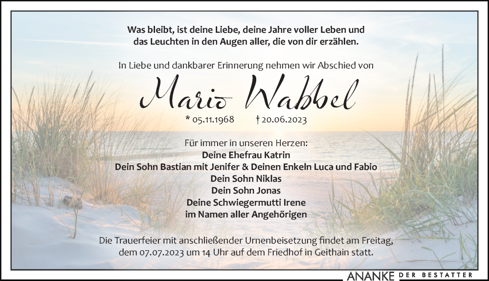  Traueranzeige für Mario Wabbel vom 01.07.2023 aus Leipziger Volkszeitung