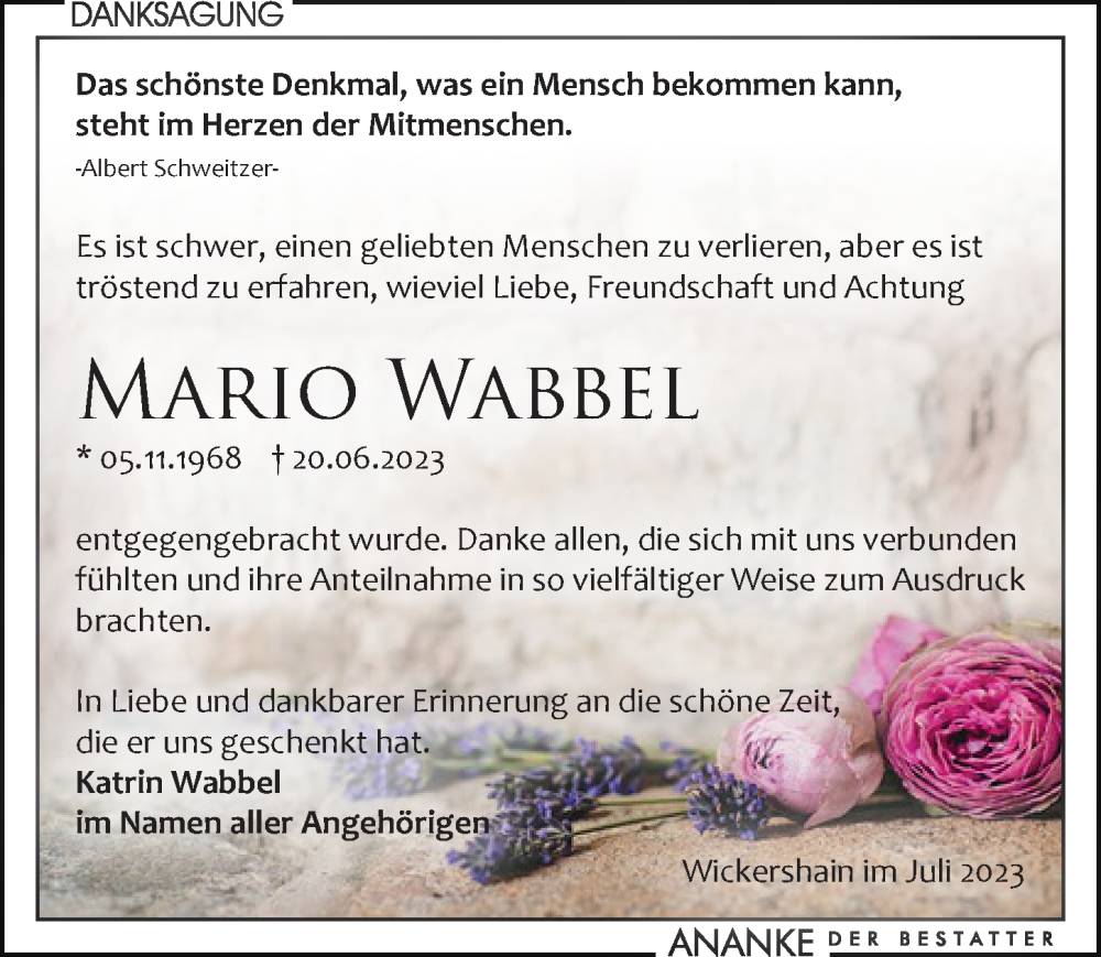  Traueranzeige für Mario Wabbel vom 29.07.2023 aus Leipziger Volkszeitung