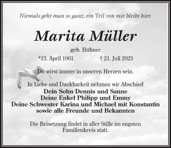 Traueranzeige von Marita Müller von Märkischen Allgemeine Zeitung