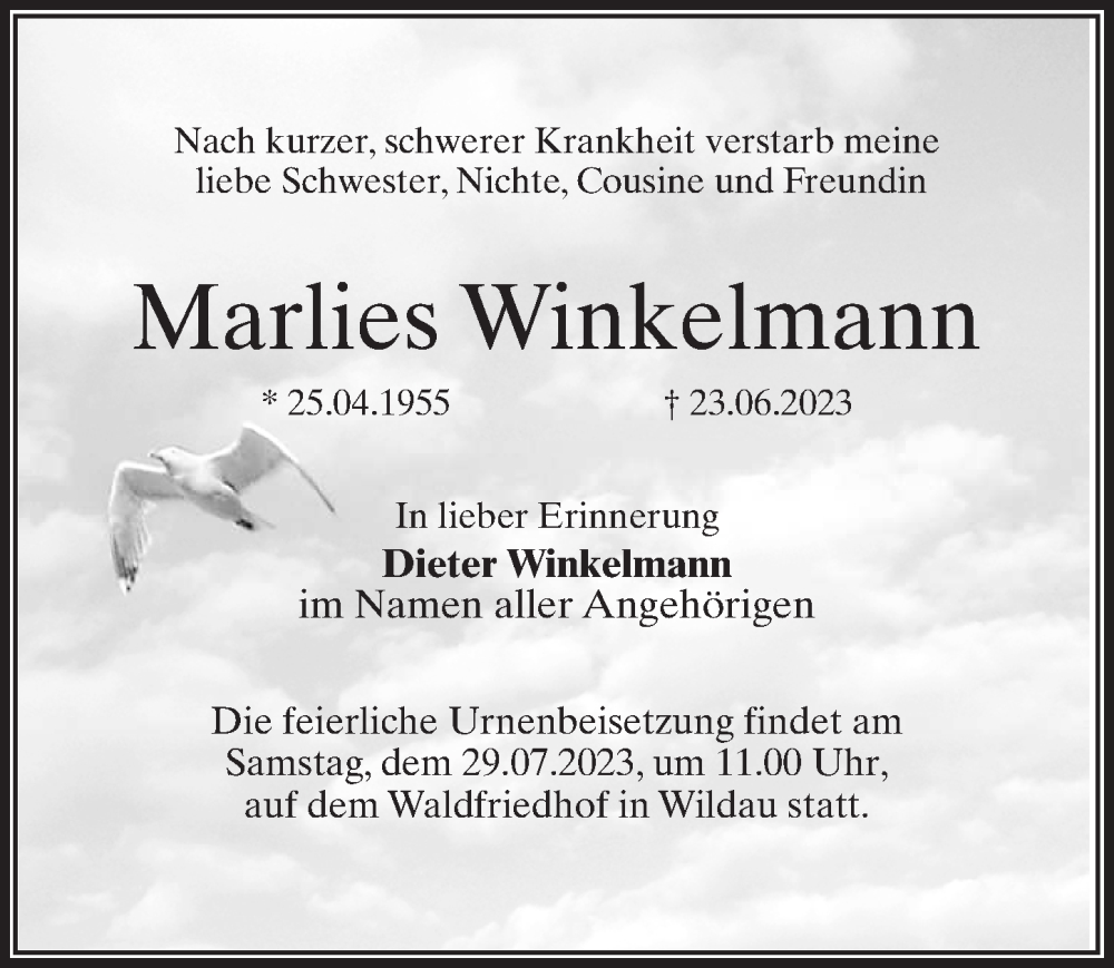  Traueranzeige für Marlies Winkelmann vom 08.07.2023 aus Märkischen Allgemeine Zeitung