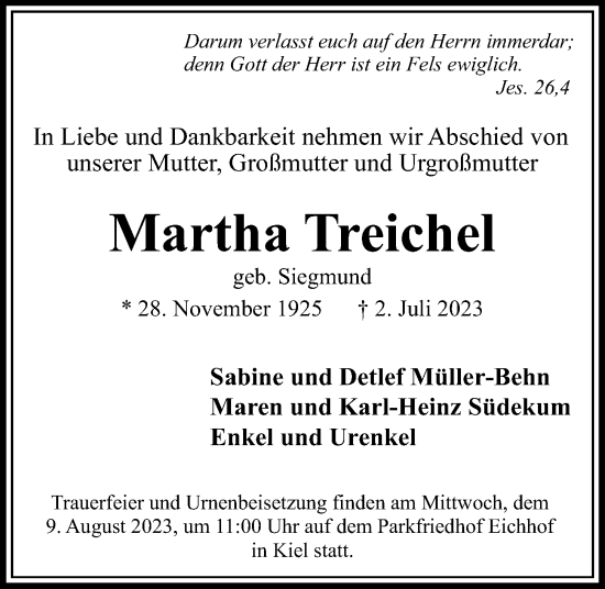 Traueranzeige von Martha Treichel von Kieler Nachrichten