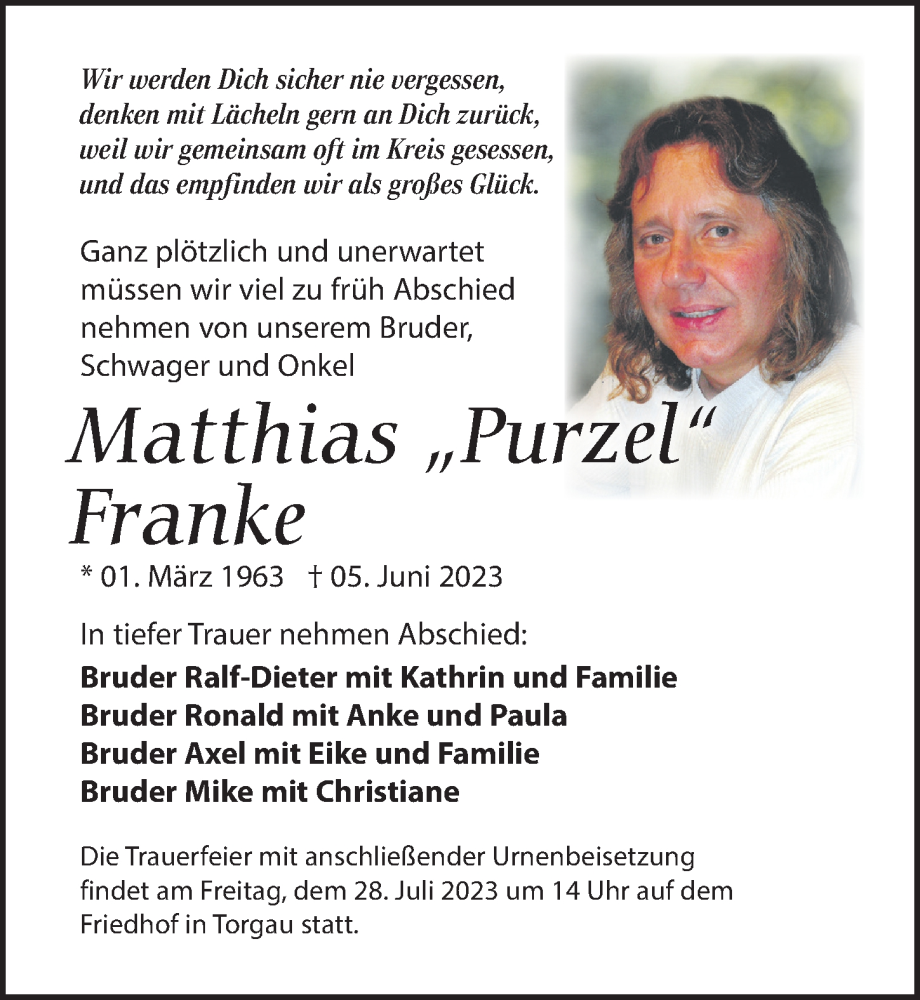  Traueranzeige für Matthias Franke vom 15.07.2023 aus Torgauer Zeitung