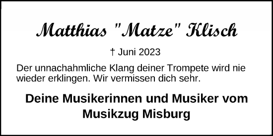 Traueranzeige von Matthias Klisch von Hannoversche Allgemeine Zeitung/Neue Presse