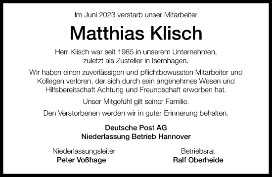 Traueranzeige von Matthias Klisch von Hannoversche Allgemeine Zeitung/Neue Presse