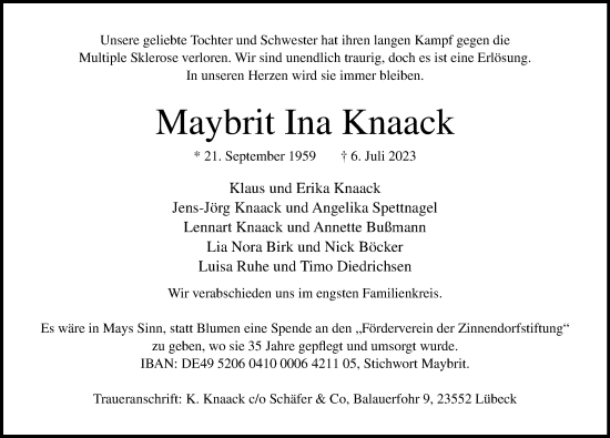 Traueranzeige von Maybrit Ina Knaack von Lübecker Nachrichten