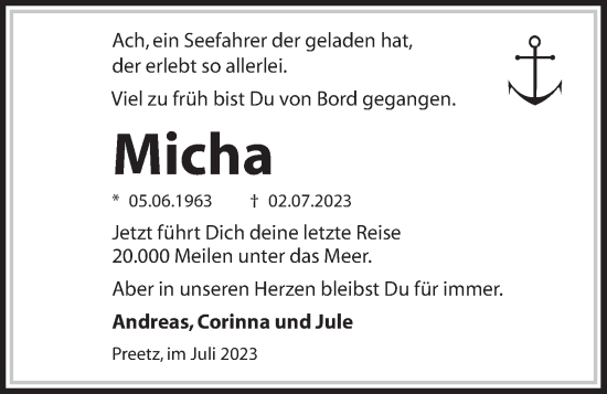 Traueranzeige von Micha  von Kieler Nachrichten