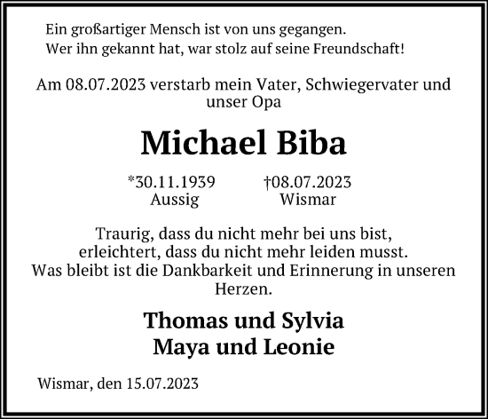 Traueranzeige von Michael Biba von Ostsee-Zeitung GmbH