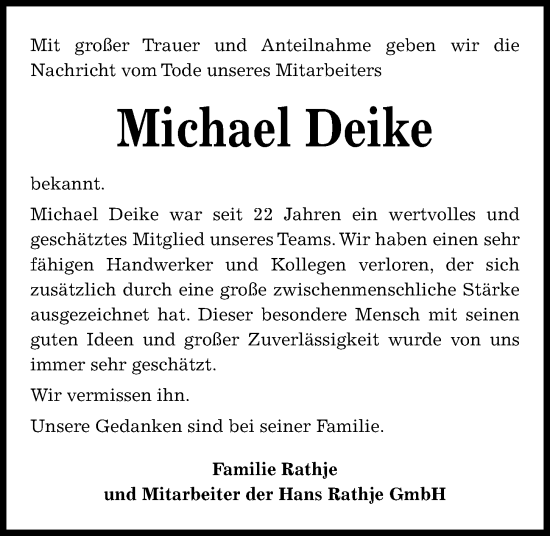 Traueranzeige von Michael Deike von Kieler Nachrichten