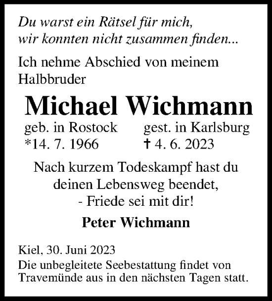 Traueranzeigen von Michael Wichmann | trauer-anzeigen.de