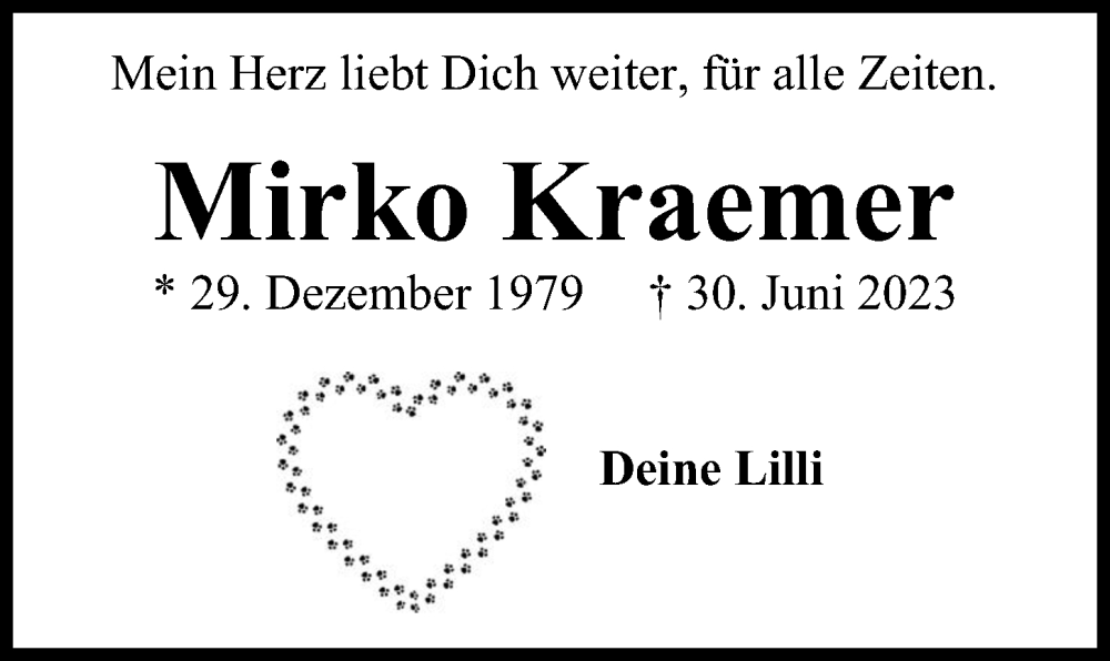  Traueranzeige für Mirko Kraemer vom 15.07.2023 aus Kieler Nachrichten