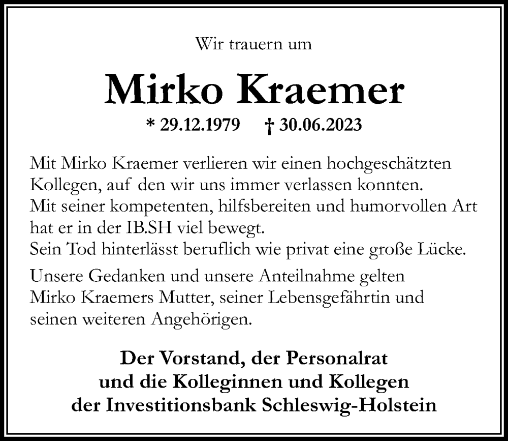  Traueranzeige für Mirko Kraemer vom 15.07.2023 aus Kieler Nachrichten