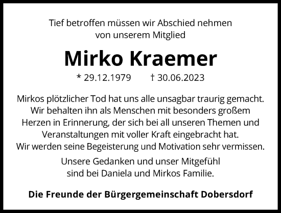 Traueranzeige von Mirko Kraemer von Kieler Nachrichten