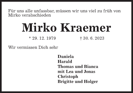 Traueranzeige von Mirko Kraemer von Kieler Nachrichten