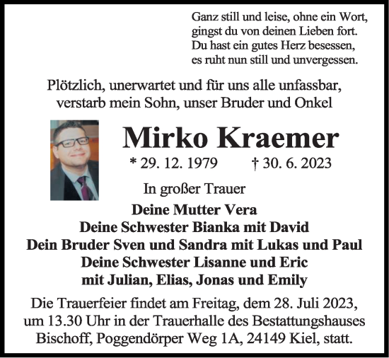 Traueranzeige von Mirko Kraemer von Kieler Nachrichten