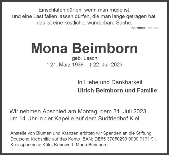 Traueranzeige von Mona Beimborn von Kieler Nachrichten